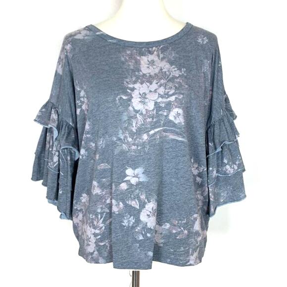Chaser Floral Print Gray Top Ruffle Tiered Cascading Sleeve Gray Medium - Picture 1 of 5